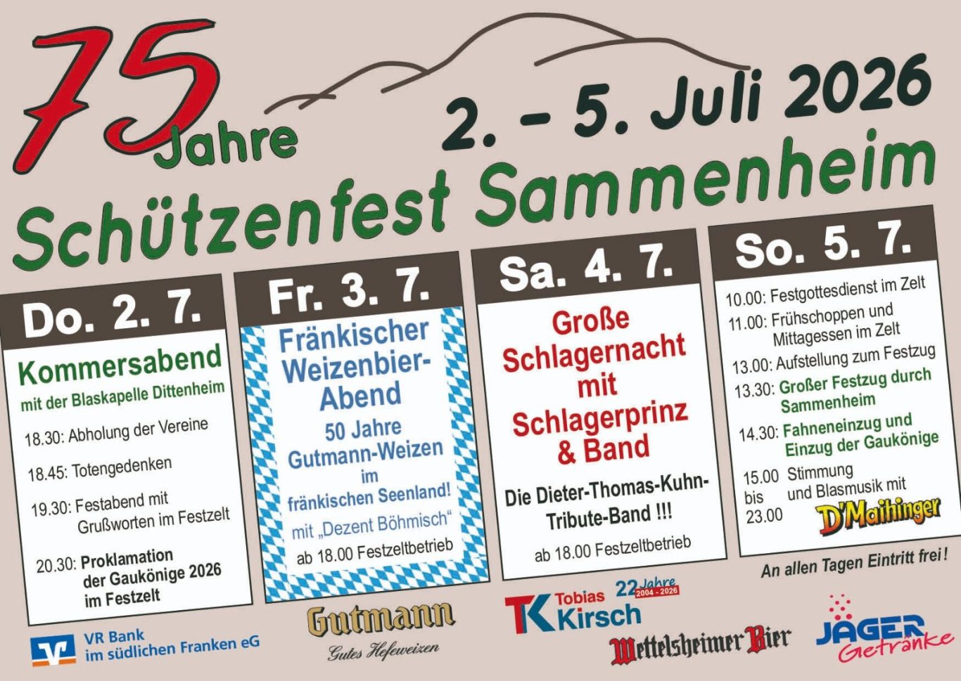Flyer Rückseite 75 Jahre Schützenfest, Programmübersicht für Veranstaltungen vom 2. bis 5. Juli 2026 in Sammenheim.