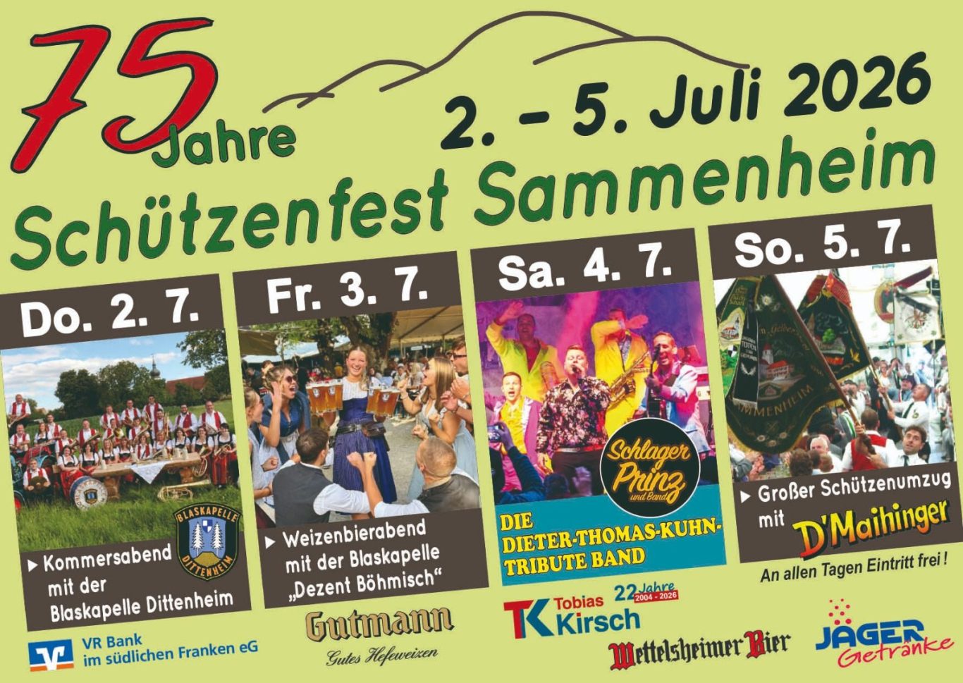 Flyer Vorderseite Plakat für das 75. Jubiläum des Schützenfests in Sammenheim, 2. bis 5. Juli 2026.